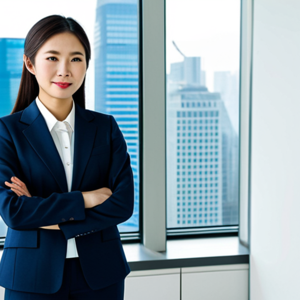 **
"A professional Asian businesswoman in a modest business suit, standing in a brightly lit, modern office with floor-to-ceiling windows overlooking a bustling cityscape, fully clothed, appropriate attire, safe for work, perfect anatomy, natural proportions, professional photography, high quality, clean background."
**