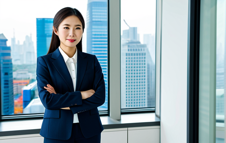 **

"A professional Asian businesswoman in a modest business suit, standing in a brightly lit, modern office with floor-to-ceiling windows overlooking a bustling cityscape, fully clothed, appropriate attire, safe for work, perfect anatomy, natural proportions, professional photography, high quality, clean background."

**