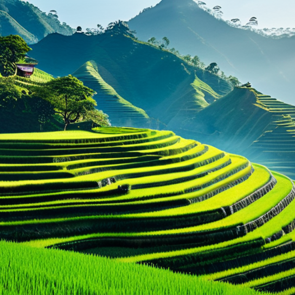 크리에이티브 문서에 적합한 폰트 추천 - Serene Landscape**
"A tranquil landscape painting, vibrant green rice terraces cascading down hills...