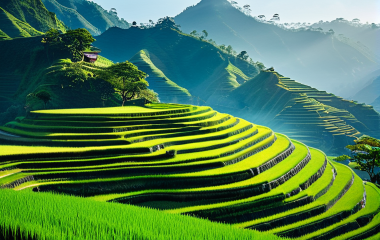 크리에이티브 문서에 적합한 폰트 추천 - Serene Landscape**

"A tranquil landscape painting, vibrant green rice terraces cascading down hills...