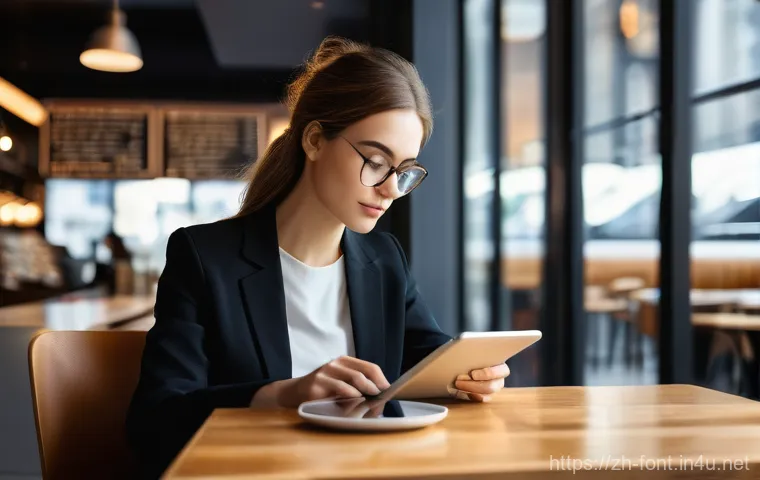 웹사이트에서 커스텀 폰트 적용 방법 - **Prompt 1: User Experience with Custom Fonts**
    A young woman, neatly dressed in smart casual at...