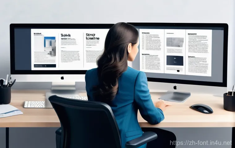 웹사이트에서 커스텀 폰트 적용 방법 - **Prompt 1: User Experience with Custom Fonts**
    A young woman, neatly dressed in smart casual at...